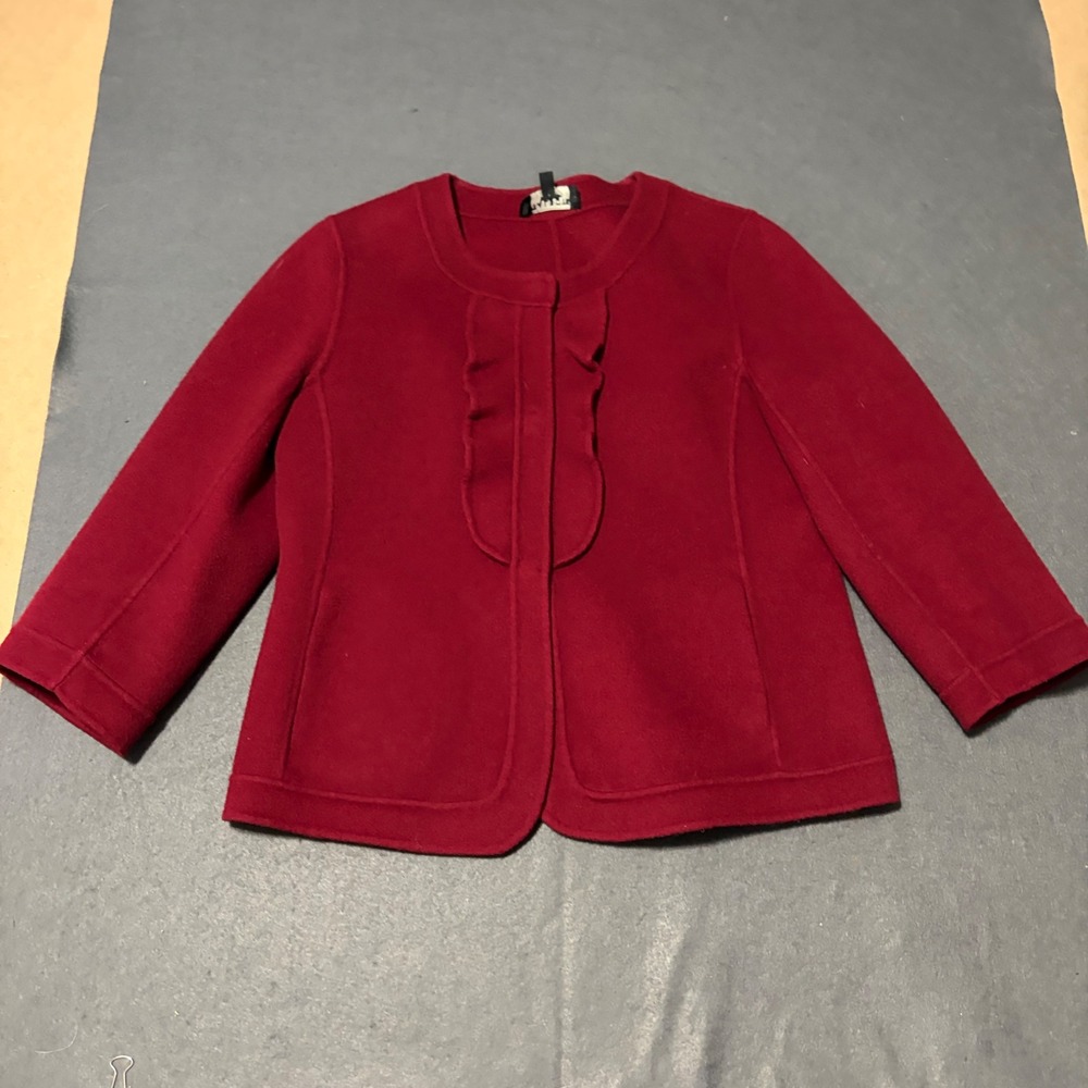 Talbots Boiled Wool Ruffle Front Jacket Womens 8P Red Girl Core Preppy Holiday